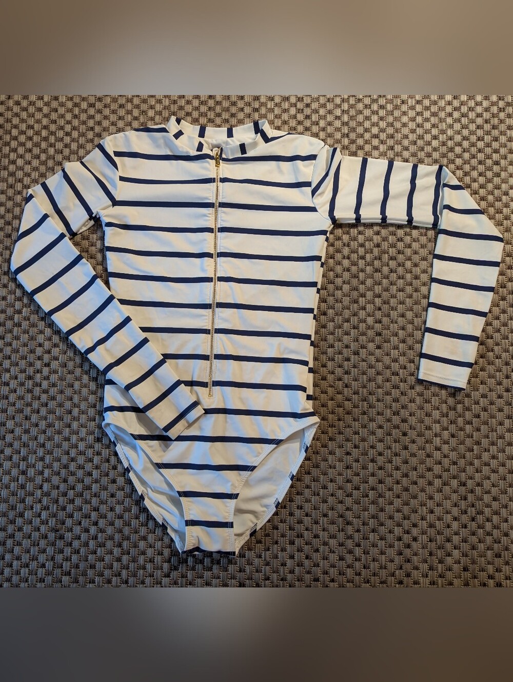 Mott50 UPF 50 Long Sleeve White and Navy Blue One Piece Swim Suit Nautical Small